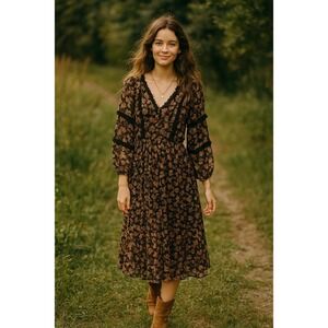 Boho Cottagecore Prairie Western Cowgirl Farm Black Floral Ruffles M Midi Dress